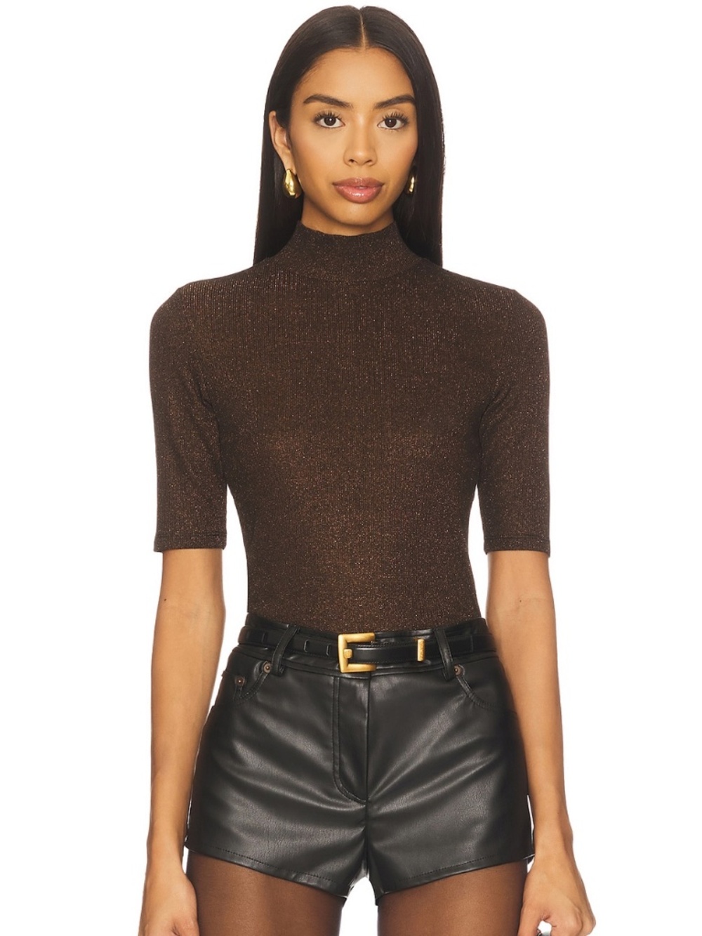 NWT FRAME Lurex Turtle/mockneck Tee Americano Brown Metallic Knit Top Size M